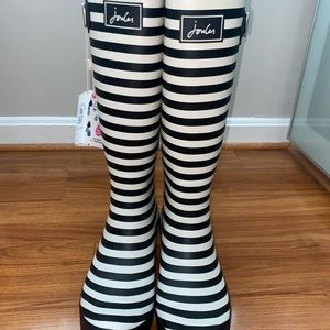 Joules black and white stripe rain boots